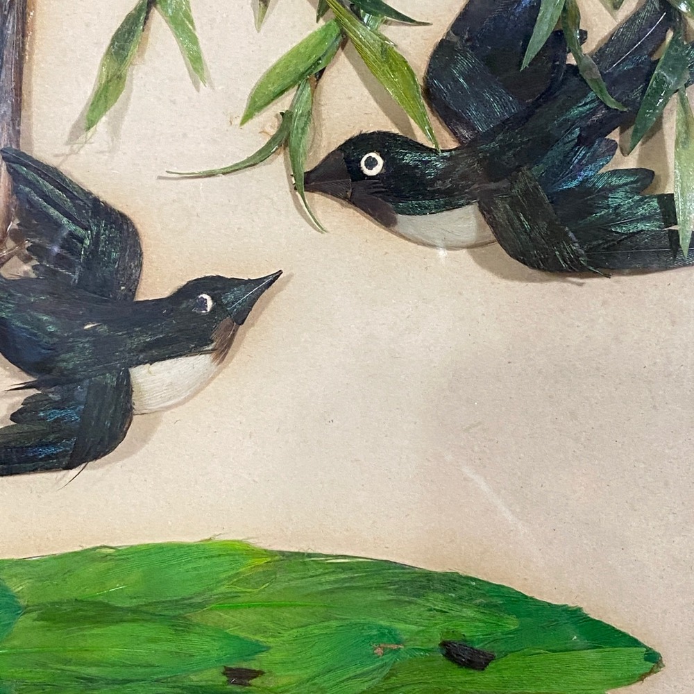 VTG Mid Century Asian 3D Feather Art Shadowbox Swallows Willow Tree Frame 5x7 - Picture 2 of 7